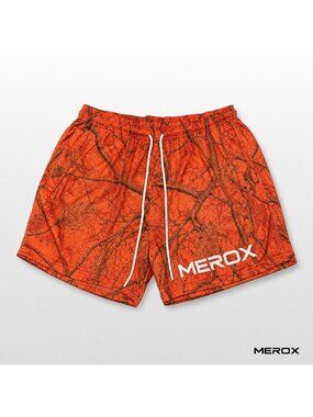MEROX Orange Camo 5" Mesh Shorts Unisex Men's & Women's Gym Zipper Pockets